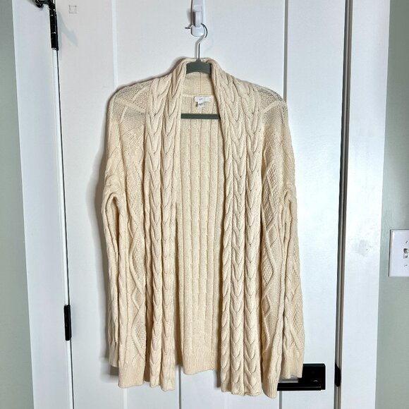 J. Jill Cream Cable Knit Fishermen Sweater Chunky Knit Cardigan Long-Lined M - Picture 1 of 5